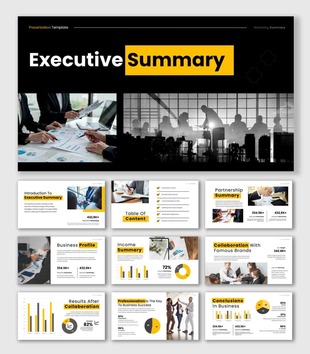 An executive summary presentation with business charts, partnership insights, and company performance metrics.