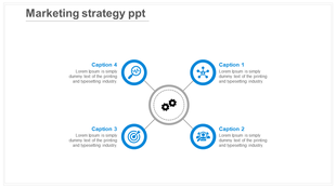 Circular layout with four colored icons linked to a central grey gear symbol representing marketing elements.