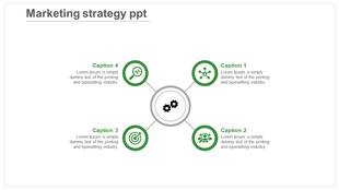 Marketing strategy PowerPoint slide with four green icons around a central gear icon, each with captions.