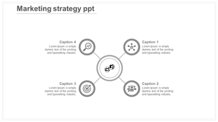 Marketing strategy slide with four icons and captions in a circular arrangement, representing different strategy elements.