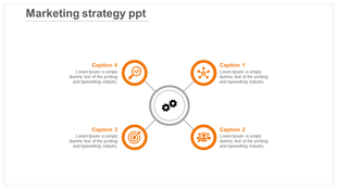 Circular layout with four blue icons linked to a central grey gear symbol representing marketing elements.