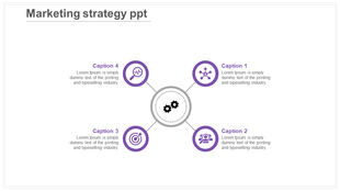 Marketing strategy PowerPoint slide with four purple icons surrounding a central gear icon, each with captions.