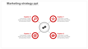 Slide with four sections marked by red icons, each with captions, surrounding a central gear symbol.