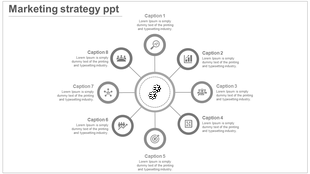 Marketing strategy diagram with eight green circular nodes and caption areas connected to a central grey gear icon.