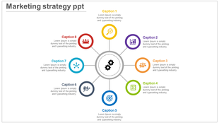 Marketing strategy PPT slide with eight sections and color coded icons representing various business concepts with captions.