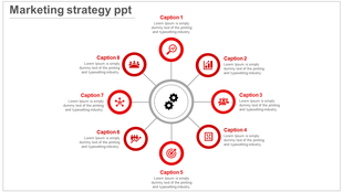 Circular diagram with eight red icons surrounding a gray gear symbol in the center, representing different strategies.