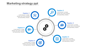 Business strategy template with six circular icons and descriptions, connected to a central gear, in blue and gray.
