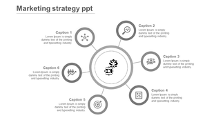 Circular layout with six red icons linked to a central grey gear symbol representing marketing elements.