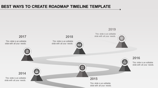 Winding roadmap with red pyramid markers showing milestones from 2014 to 2019 on a pink background.