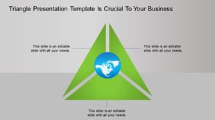 Business triangle template with green triangles and a globe symbol in the center with placeholder text.