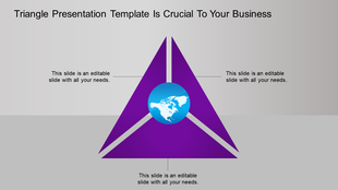 Business triangle template with purple triangles and a globe symbol in the center with placeholder text.
