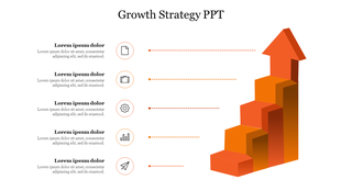 Growth strategy template featuring blue 3D steps, upward arrow, and five circular icons linked to text.