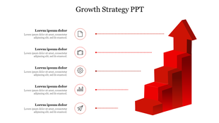 PowerPoint slide featuring a growth strategy concept with icons for each stage and a 3D arrow pointing upward.