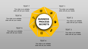 Hexagonal diagram in red with seven sections, each featuring a business-related icon and captions areas.