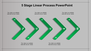 Horizontal timeline with five gray arrows numbered 01 to 05, alternating above and below a central gray line.