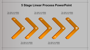 A PowerPoint template with five orange arrows for illustrating a process flow, each step has space for descriptions.