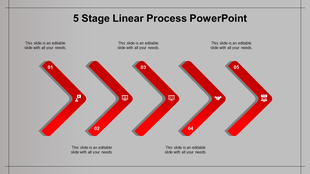 A 5 stage linear process PowerPoint template with red arrows pointing forward, each stage featuring a placeholder text.