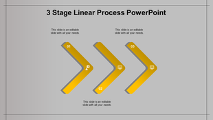 Modern process infographic with three sequential yellow chevron shaped arrows representing a linear workflow.