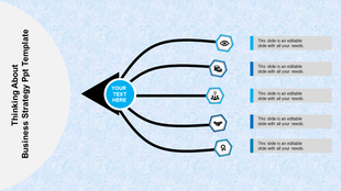 Blue themed slide with a central black arrow splitting into five branches, each linked to icons and text boxes.