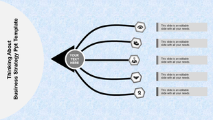 Business strategy slide with gray curved arrows branching from a central point, leading to five hexagonal icons and text.
