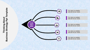 Business strategy diagram showing five green icons connected to a central green circle with text placeholders.