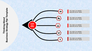 A business strategy PPT slide showing a central arrow with text and multiple branching arrows with red icons.
