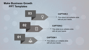 A business growth PowerPoint template with numbered steps, featuring grey arrows and captions.