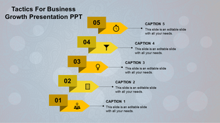 Red vertical timeline with numbered arrows and icons, linked to caption boxes detailing each growth step.