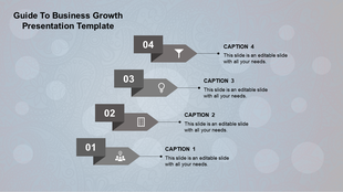 A gray themed business growth PowerPoint template with a step by step guide, incorporating icons for each phase.