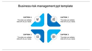 Quadrant style risk management template with four blue sections, circular icons, and placeholder captions for descriptions.