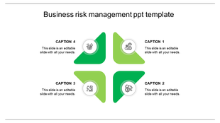 Business risk management template with circular icons and captions arranged in a quadrant.