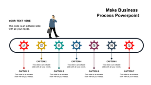 Business process timeline with four grey gears connected to captions and icons below placed in a white background.