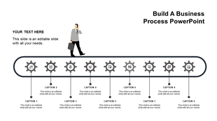 A professional business process PPT template with a walking figure and labeled grey gears for each step in the process.