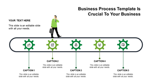 Business process layout with a horizontal belt, featuring five green gears, and a businessman in a suit walking forward.