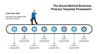 A business process PPT slide with 8 sections, featuring blue color gears representing stages in the process with captions.