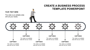 Business process timeline with six green gears on a conveyor belt linked to captions areas placed in a white background.