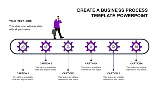Horizontal conveyor belt design with six purple gear icons and a walking figure, linked to captions below.