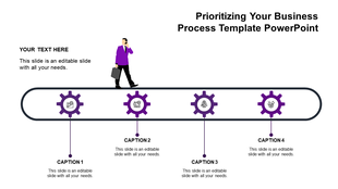 A modern business process PowerPoint template featuring purple color gears and a walking figure with captions.