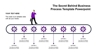 Horizontal process flow with a black conveyor belt, featuring eight purple gears, and captions below.