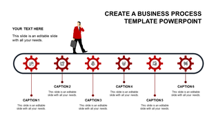 A professional timeline PPT template with red gears and a business figure with captions and placeholder text.