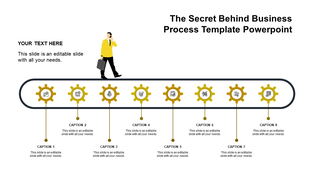 Business process timeline featuring red gears with icons and eight labeled stages on a conveyor belt.