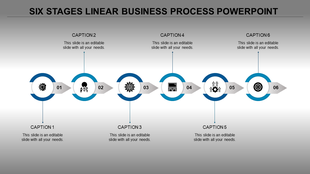 A six stage linear business process timeline template with blue circular markers, each featuring an icon and caption areas.