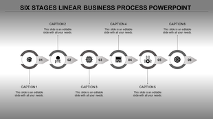 A six stage linear business process timeline template with grey circular markers, each featuring an icon and caption areas.
