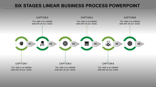 Slide featuring six stage business process with numbered green circles, directional arrows, and captions.