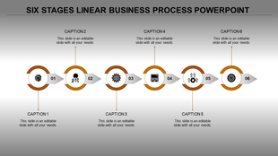 Horizontal sixnstep timeline with gold rings and numbered icons from 01 to 06, linked to captions areas.