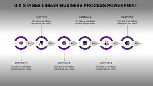 Six stage linear business process slide with purple circular icons, numbered steps, and gray arrows on a gradient background.