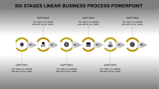 Six step business process flow with red circles, numbered from 01 to 06, connected by silver arrows.