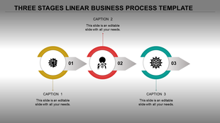 A three stage linear business process template with circular icons in yellow, red, and teal along with captions.