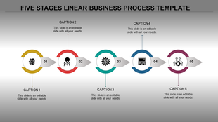 A 5 stage business process timeline slide featuring circular markers in yellow, red, green, blue, and purple with icons.