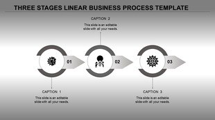 A grey themed three stage business process template, featuring circular markers with gear icons and caption areas.